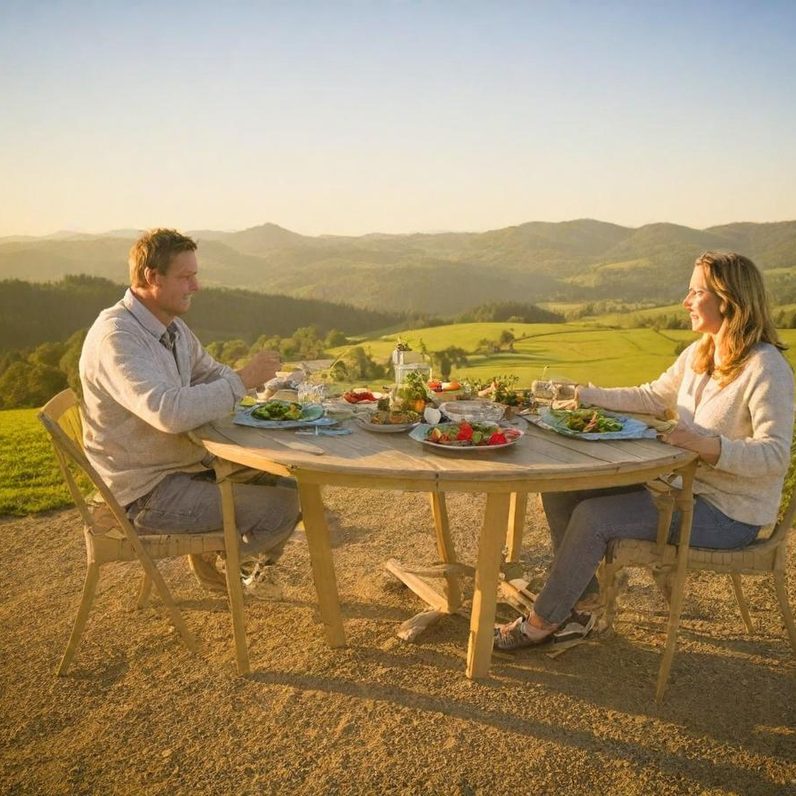 Paar beim Essen an einem Tisch mit Landschaft im Hintergrund bei Sonnenuntergang.